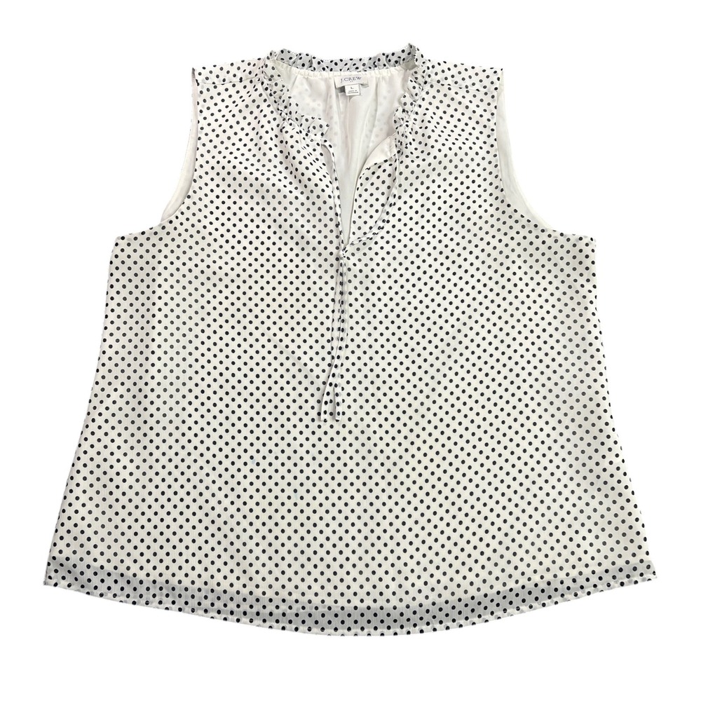 J.Crew Womens Large Polka Dot Black White Ruffle Neck Sleeveless Blouse‎ APL122